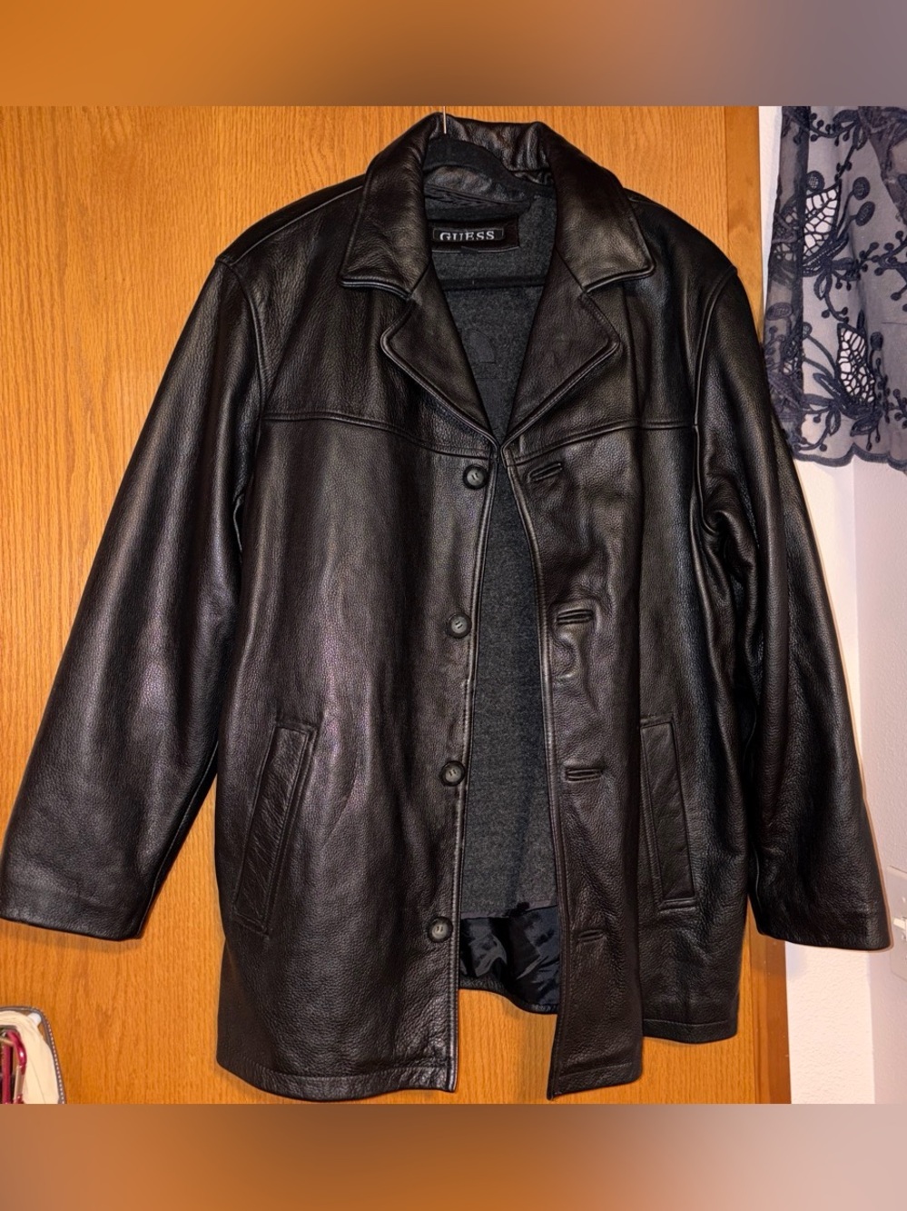 Guess Men's Black Leather Coat